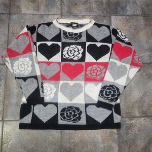 Vintage 90s Trimmings Women's Medium Roses & Hearts Geometric Floral Sweater